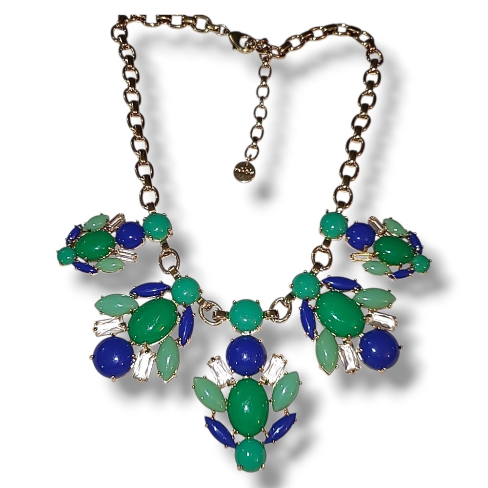 Stella & Dot Green & Blue "Juniper" & Crystal Bug Bib Necklace Vintage 21 in